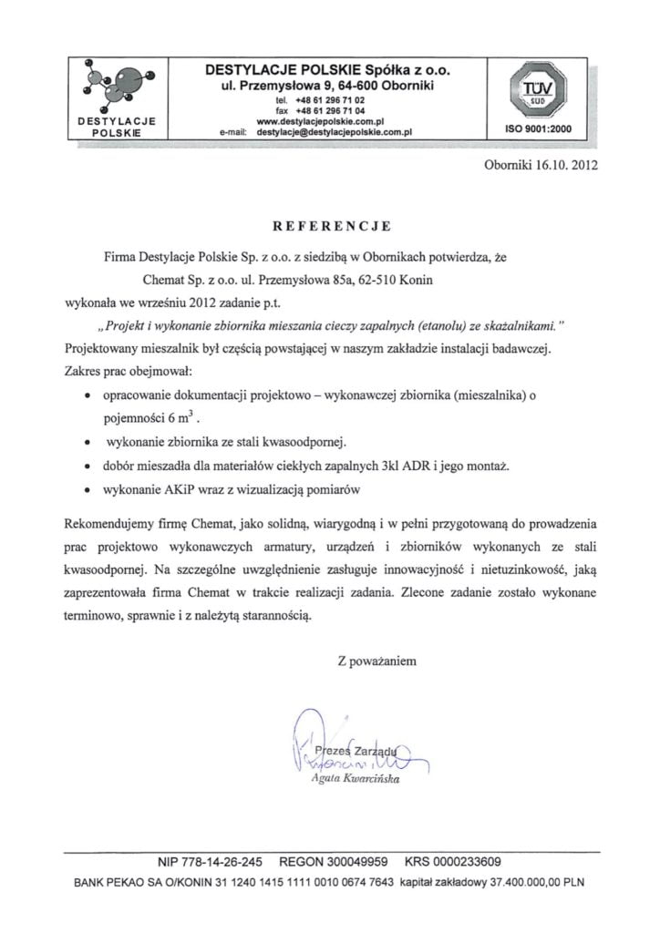 List Referencyjny Destylacje Polskie dla Chemat