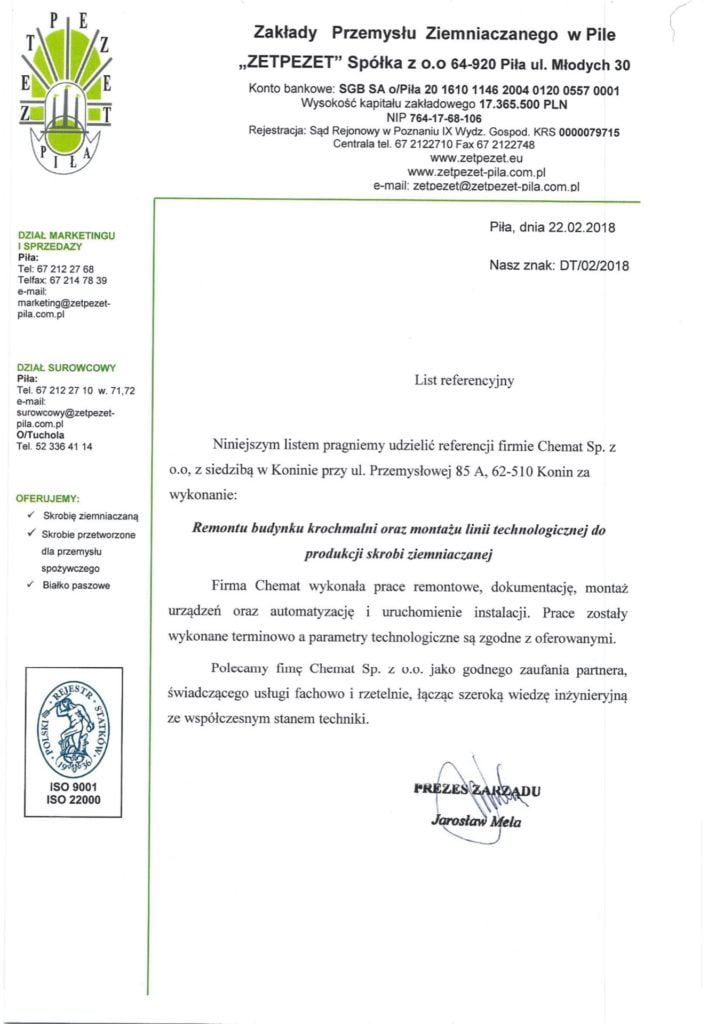 List Referencyjny Zetpezet Piła dla Chemat