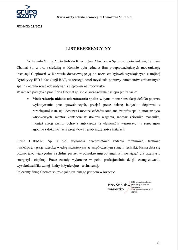 List referencyjny - Grupa Azoty dla firmy Chemat